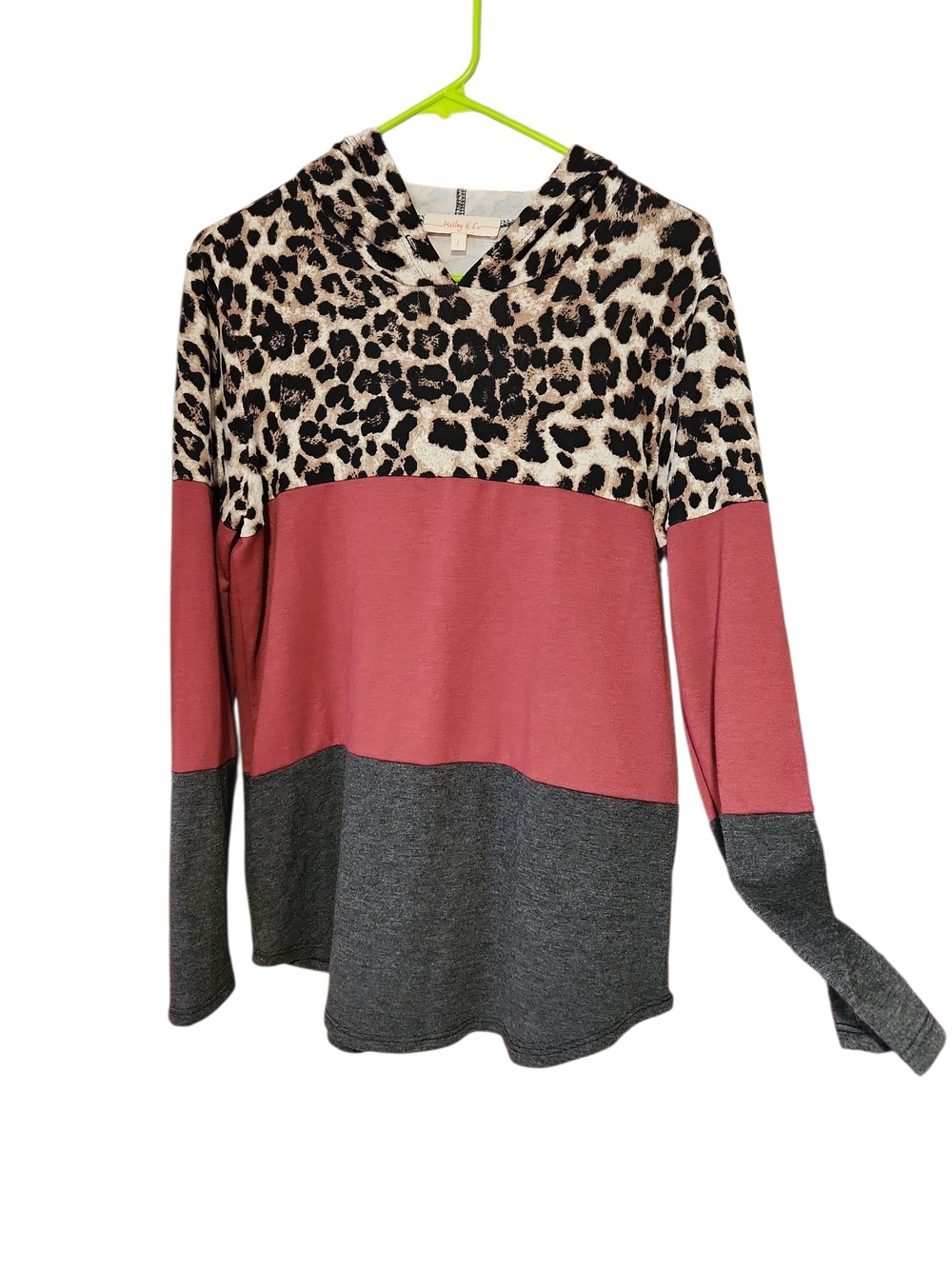 Leopard Colorblock Hooded Long Sleeve Top - Rose/Gray